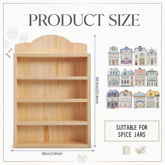 Chunful Vintage Spice Jar Wooden Rack Burlywood DIY Paintable Spice Shelf for 24 Jars, Village Style Wall Mounting Kitchen Storage Decorative Hanging Display Rack, Shelf Only