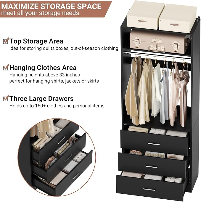 Besiost Closet System Set of 4, 8FT Closet Systems with 12 Wood Drawers, 96" Closet Organizer System with 4 Hanging Rods & 4 Shelves, Heavy Duty 96 Inch Walk-in Closet, Black (96"L x 15" W x 80" H)