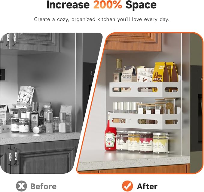 Sevenblue 2-Pack Magnetic Spice Rack for Refrigerator with Hooks, White | Strong multipurpose magnetic shelf for kitchen & bathroom organization. Includes 4 removable hooks for hanging items.