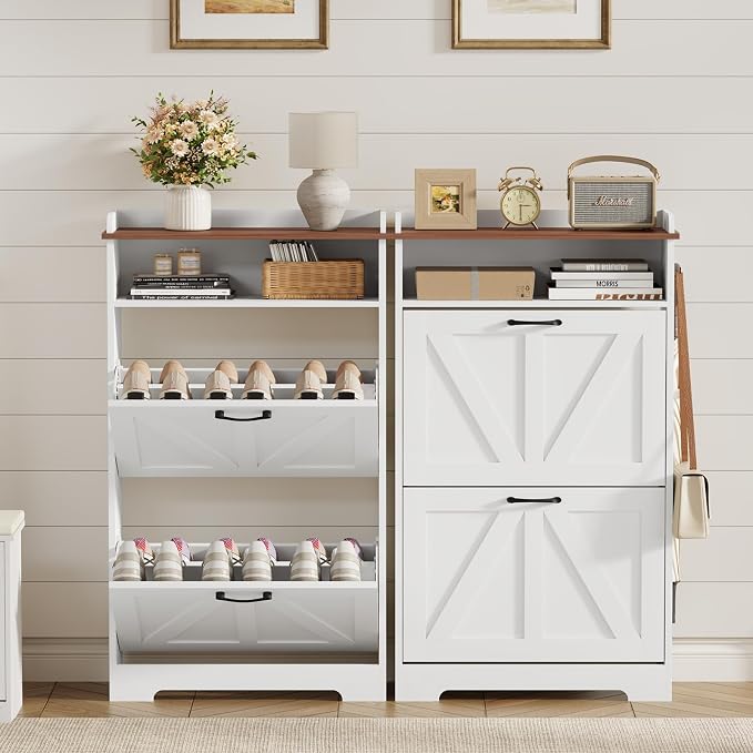 Shoe Cabinet Organizer with 2 Flip Drawers, Farmhouse Narrow Shoe Storage Cabinet with 2 Adjustable Shelves & 2 Hooks, 23.6"W x 8.7"D x 41.8"H Shoe Rack for Entryway, Foyer, Hallway, White