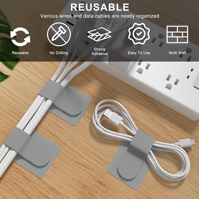 50-Pack Reusable Self-Adhesive Cable Ties cable management Adjustable Hook & Loop Straps for Organizing Data Cables, Wires, Headphones Under-Table Cord Management for Home, Office