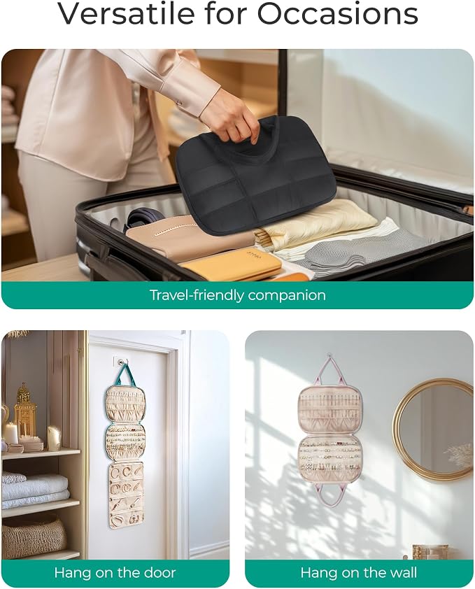 BAGSMART Travel Jewelry Case, Hanging Jewelry Organizer with Zipper Pockets, Large Capacity Puffy Jewelry Roll for Earrings, Necklaces, Rings on Closet, Wall, Door, Portable Travel Essentials, Pink
