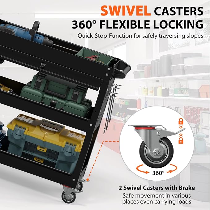 3 Tier Heavy Duty Rolling Tool Cart with Drawers, Large Storage Utility Cart on Wheels for Garage, Warehouse, Repair Shop (Black)