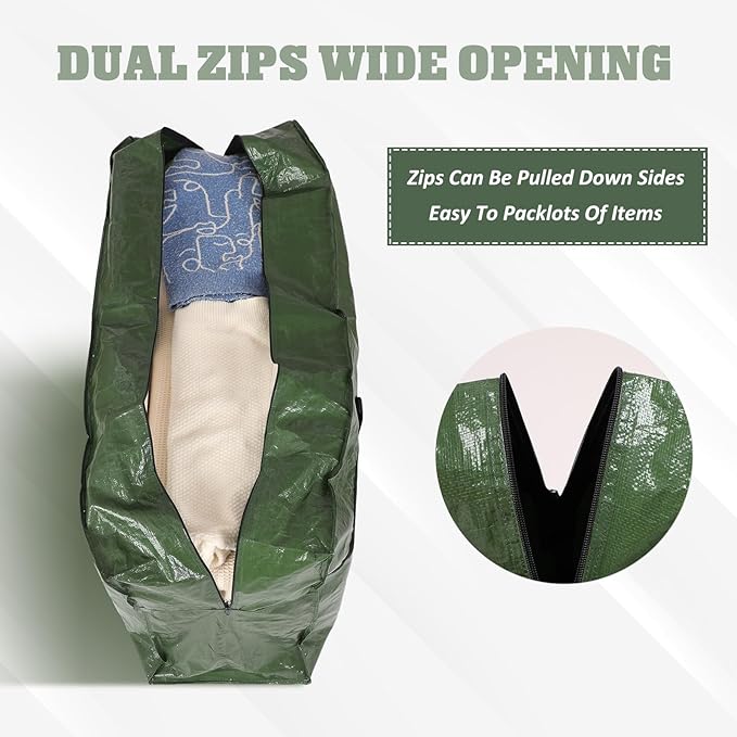 4 Pack 66 Gallon Extra Large Moving Bags with Visible Window XXL Heavy Duty Storage Bag Jumbo Big Tote for College Dorm Clothes Blankets Space Saving Alternative to Moving Boxes(Army Green)