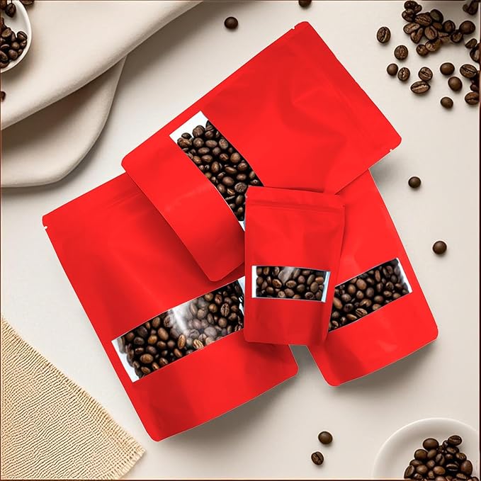 50PCS Foil Pouch Mylar Bags with Clear Window,ULIFESTAR Stand Up Sealable Bags with Tear Notches,Resealable for Food,Party Favors,Gift Packaging and Small Business(18 * 26cm/7.09 * 10.24",Red)