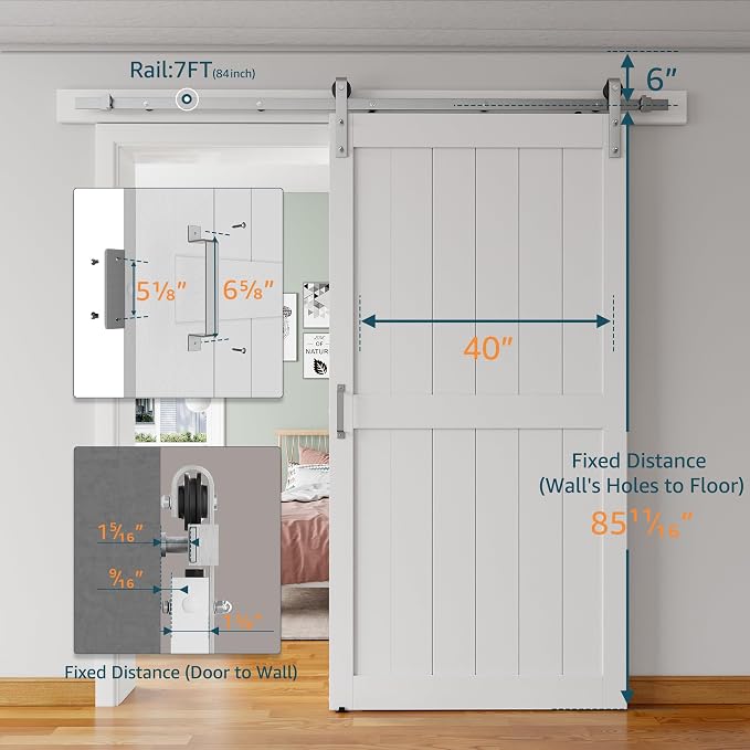 40''x84'' Sliding Barn Door with 7 Ft Brushed Nickel Hardware Kit | Pre-Drilled Holes Easy Assembly - Include Installation Manual, Water-Proof PVC Surface, H-Frame, White