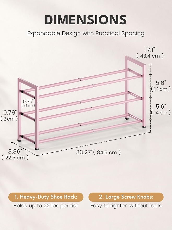 Bumusty 3-Tier Expandable Shoe Rack for Closet, 18“-33” Adjustable Shoe Rack for Small Space, Small Shoe Organizer for Front Door, Sturdy Metal, Pink