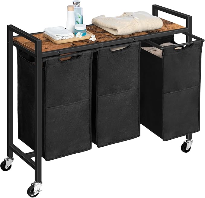 HOOBRO Laundry Sorter 3 Section, Laundry Hamper with Wheels, 3 × 11.5 Gal (43.5 L), Rolling Laundry Basket, Pull-Out and Removable Oxford Fabric Laundry Bags, Rustic Brown and Black BF76XY01