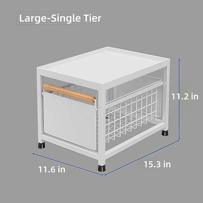 Pull Out Cabinet Organizer, Pull Out Basket Drawers for Cabinets, Slide Out Basket Drawers for Kitchen Cabinets, Under Sink Organizer for Kitchen, Bathroom (White Large Single-tier)