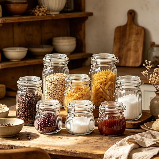 ComSaf Ribbed Glass Pantry Jars with Airtight Lids 34 oz 3 Pack Coffee | Flour sugar coffee beans, Fermenting pickling, Farmhouse pantry decor, Kitchen storage, Dry food storage, Sourdough starter