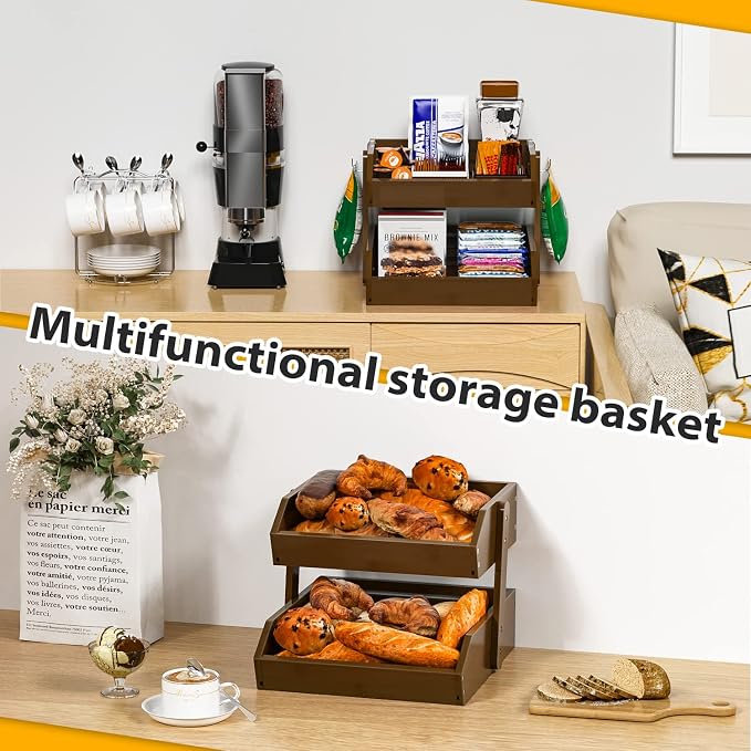 Gmtsl Bamboo Fruit Basket for Kitchen, Fruit Holder for Kitchen Countertop | 2 Tier Fruit bowl for Kitchen Counter, Fruit Stand, Vegetable Basket Storage, Produce Organizer, Bread Snack Display(WALNUT)