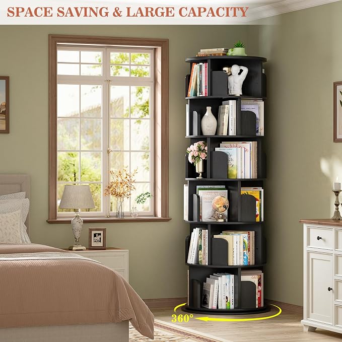 Aheaplus 6 Tier Rotating Bookshelf, Wood Spinning Bookshelf Tower, Round Revolving 360 Bookcase, Narrow Turning Book Shelf Rolling Corner Organizer for Small Space, Bedroom, Office, Black