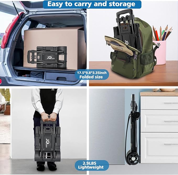 70 lbs Small Folding Hand Truck Dolly with 2 Wheels,Foldable Luggage Cart Expandable Large Chassis Foldable into Backpack for Airport,Travel,Moving and Office Use (Black-Steel)