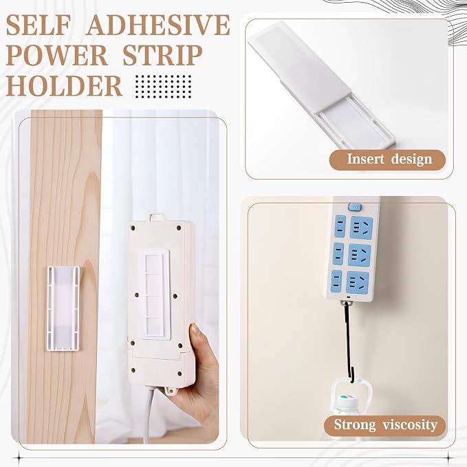 Yinkin 12 Pcs Power Strip Holder Self Adhesive Power Strip Wall Mounted Protector Punch Free Cable Management System Plug-in Surge Protector Holder for Computer Office
