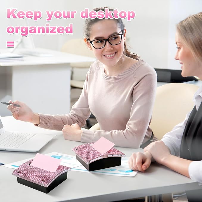 Pink Rhinestone Sticky Note Dispenser 4x4 Inches | Bling Pop-Up Memo Holder for Office Desk, Cute Desktop Organizer, Employee Coworker Gift, Home Supplies