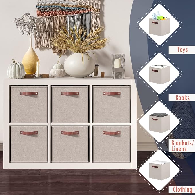Ornavo Home 11x11 Foldable Fabric Storage Cube Bins, 6 Pack, Beige | Collapsible Linen Shelf Basket Organizer; Leather Handles; Ideal Cube Storage For Closet