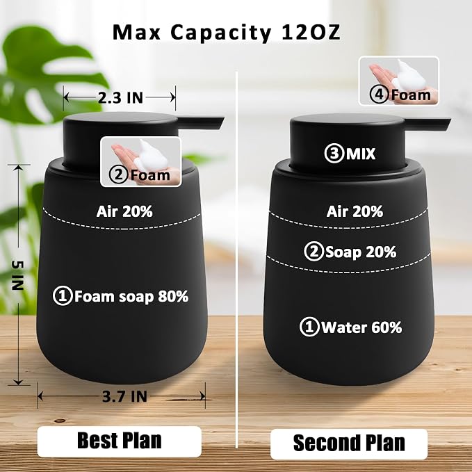 Soap Foaming Dispenser Ceramic with Easy-to-Press Pump Hand Foam Dispenser for Shampoo Bathroom Kitchen 12 oz 2pcs