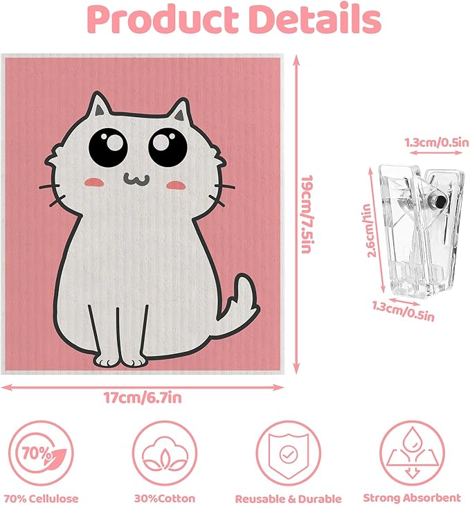 6 Pack Swedish Dishcloths for Kitchen, Cat Gifts for Cat Lovers Swedish Rags Absorbent Dish Cloth with Adhesive Clips, Reusable Paper Towels No Odor for Countertop Sink Kitchen Cat Mom Gift for Women