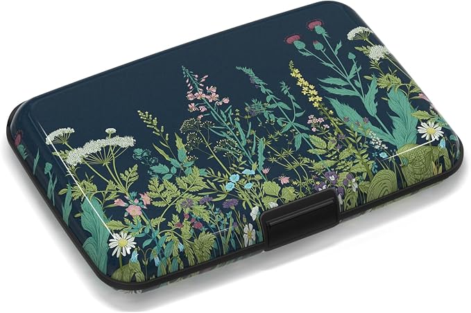 Credit Card Holder RFID Blocking, Mini Aluminum Hard Case, Plant Flowers Small Business Metal Wallet for Women Men