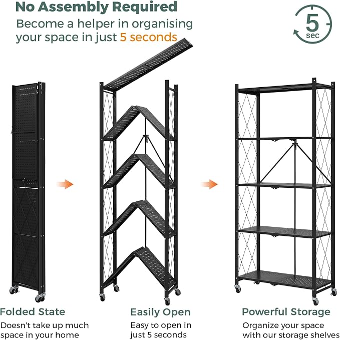 DEANIC 70.7" Tall Extra Large 5-Tier Folding Storage Shelf with Wheels, No Assembly Collapsible Metal Rack with Leveling Feet for Garage, Pantry, Basement, Vendor Display, Kitchen(Black,1 Pack)