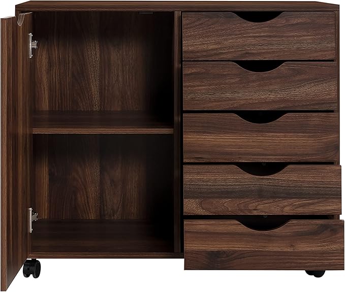 Naomi Home Wooden 5 Drawer Office File Cabinet with Shelves and Wheels, Mobile Storage Cabinet with Drawers for Home Office, Ideal for Under Desk or Printer Stand Use in Brown Oak