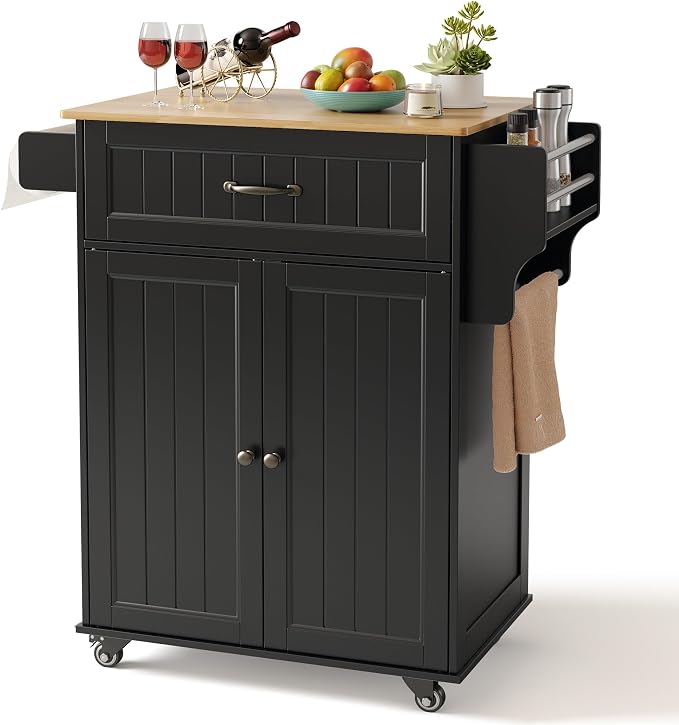 Gizoon 33" W Kitchen Island Cart with Rubberwood Top | Rolling Cart on Wheels with Adjustable Shelf, Drawer, Spice Rack, Towel Bar, Mobile Storage Cabinet for Dining Room, Black