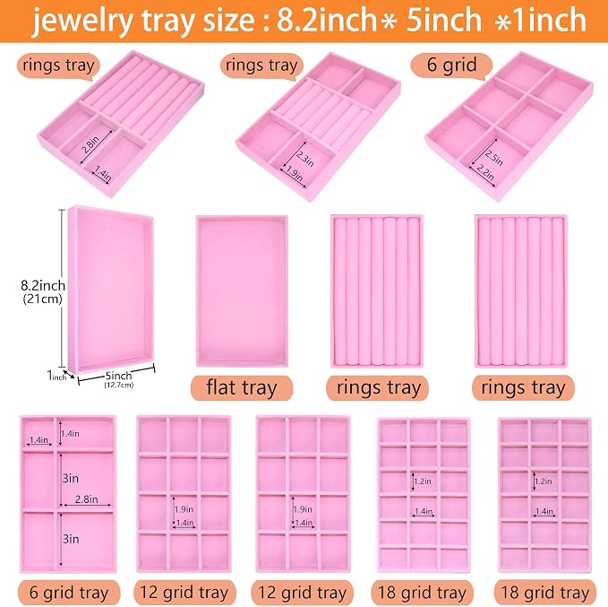 12 Set Jewelry Tray Stackable Velvet Jewelry Organizer Trays for Drawers Inserts Earrings Necklace Rings Jewelry for Women