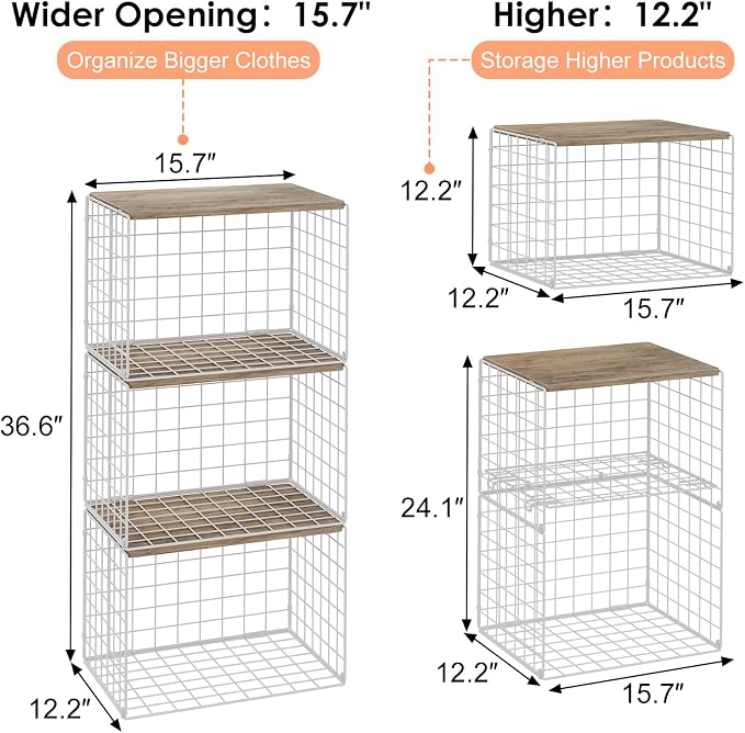 5 Pack Extra-Long Closet Organizers and Storage with Ajustable Shelf, Stackable Closet Shelf Organizer, Double Storage Design Clothes Storage Cube/Bin Organizer for Wardrobe, Space-Saving, White