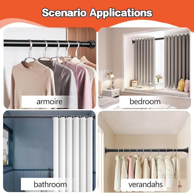 No Drilling Closet Rods for Hanging Clothes, Adjustable 30-88 in | Black, Metal, Heavy Duty, Space Saving, Suitable for Wardrobes, Laundry, RV
