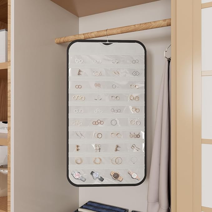 Hanging Jewelry Organizer for Necklaces Earrings, 1-Pack, Black and White | Foldable Double-Sided 36 hooks & 40 clear pockets; swivel hook fits walls, doors & rods for earrings, bracelets, rings
