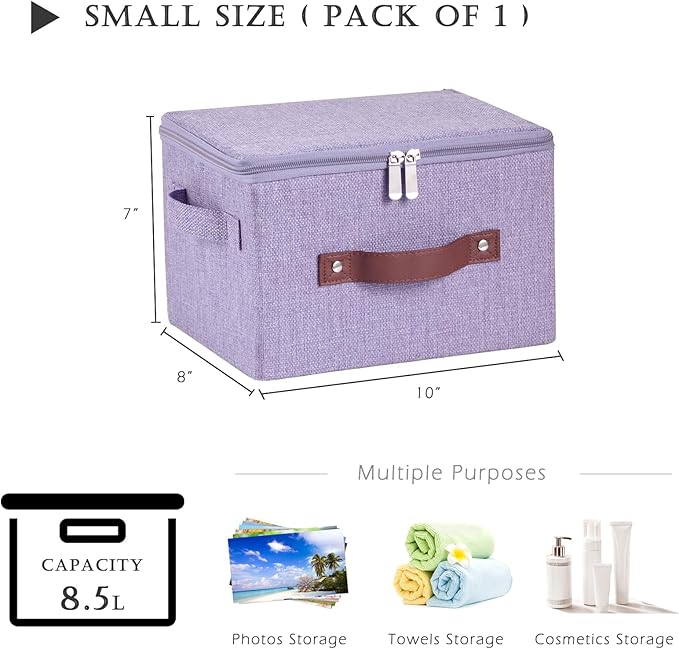 Storage Bins with Zipper Lid Cotton Linen Fabric Lidded Storage Baskets Boxes Foldable Washable Closet Shelf Clothes Organizer Container with PU Leather Handles (Purple, Small)