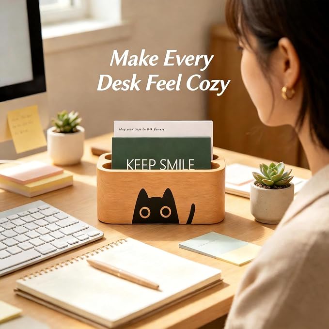 Business Card Holders 2 tier 2 Slot, Natural Wooden Name Card Holder Wood Business Card Holder Office Desktop Card Display Stands Cat Pattern Cute
