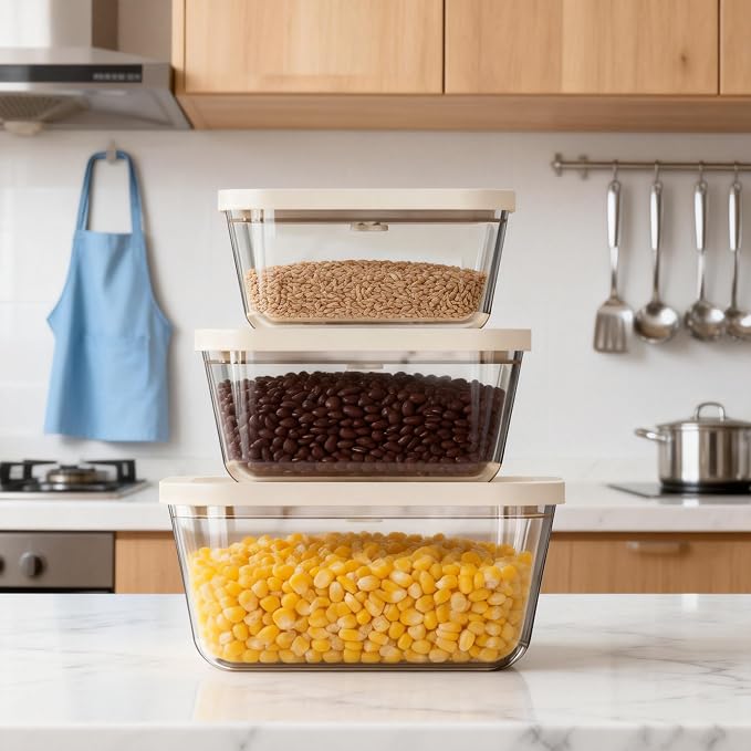 Glass Vacuum Seal Containers for Food Storamge, Vacuum Container with Time Recording Disk, 3 pcs set (S, M, L), BPA-FREE, Dishwasher, Freezer & Microwave Safe Works with Handheld Vacuum Sealer Machine
