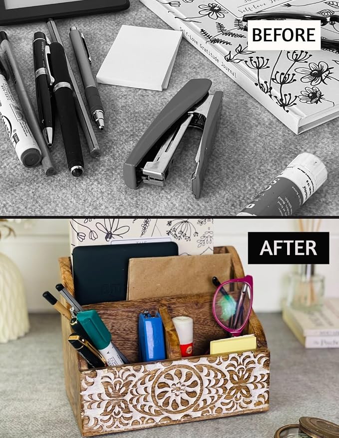 Mie Creations Wooden Office Desk Organizer, Farmhouse Stationery Caddy 8'' | Countertop Holder for Pen, Remote, Marker, Art Supplies Accessories, Aesthetic Modern Work Study Table Stand, White Shabby