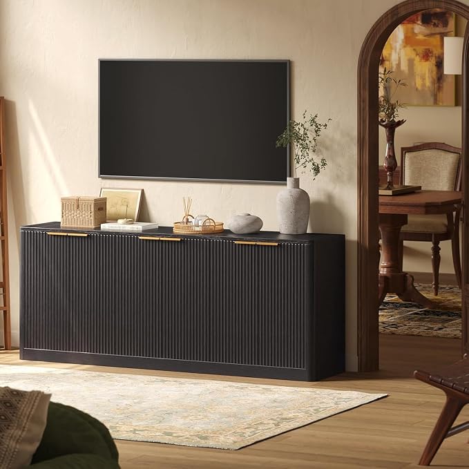 Evermagin 67" Fluted Black Buffet Cabinet with Storage | Mid-century modern wood sideboard, large credenza with 6 doors for kitchen or living room, 67"W x 31.5"H x 15.7"D