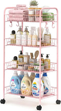 PLKOW 4-Tier Rolling Utility Cart with Detachable Baskets, Pink | 4-tier steel cart with detachable baskets, anti-fall pads, hooks, and 360° wheels for compact home storage