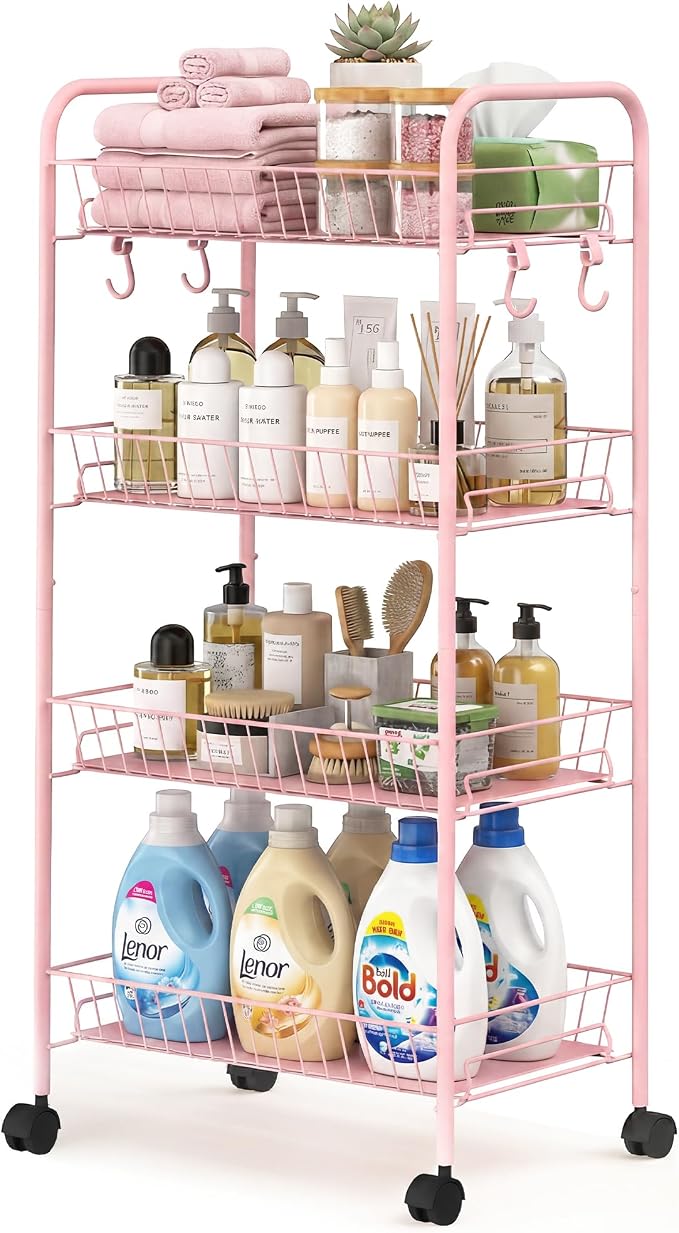 PLKOW 4-Tier Rolling Utility Cart with Detachable Baskets, Pink | 4-tier steel cart with detachable baskets, anti-fall pads, hooks, and 360° wheels for compact home storage