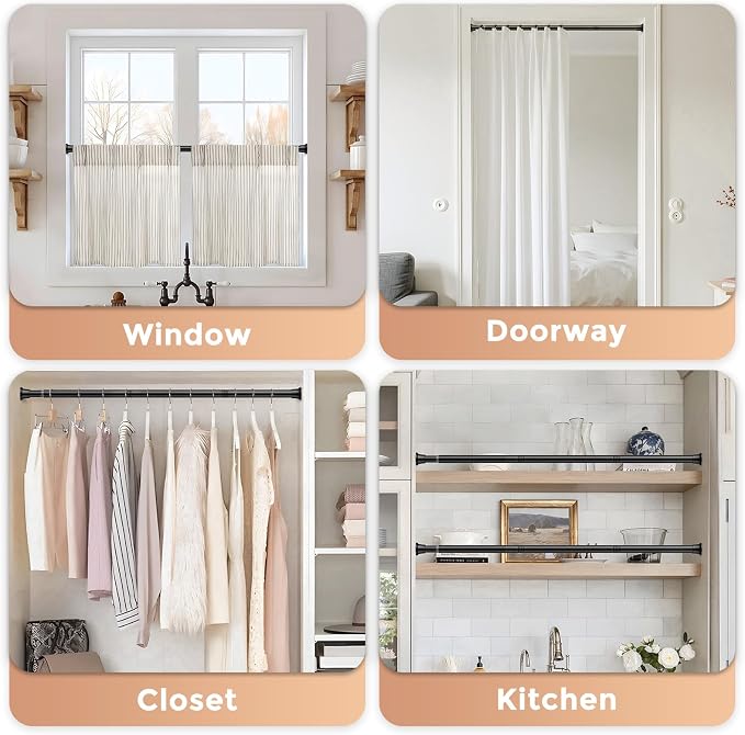 2 Pack Spring Tension Curtain Rods 24-46 Inches, Spring Loaded Curtain Rods No Drilling, Adjustable Expandable Tension Rod for Window Doorway Kitchen Curtain Bedroom Closet, Black