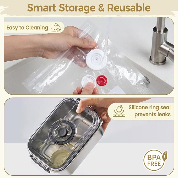 Compact Vacuum Seal Stainless steel Food Storage Containers (Vacuum Sealer Machine+3 Stainless steel Vacuum Containers+16 Reusable Vacuum Bags) for Vacuum Preservation, Refrigerators, Food Storage