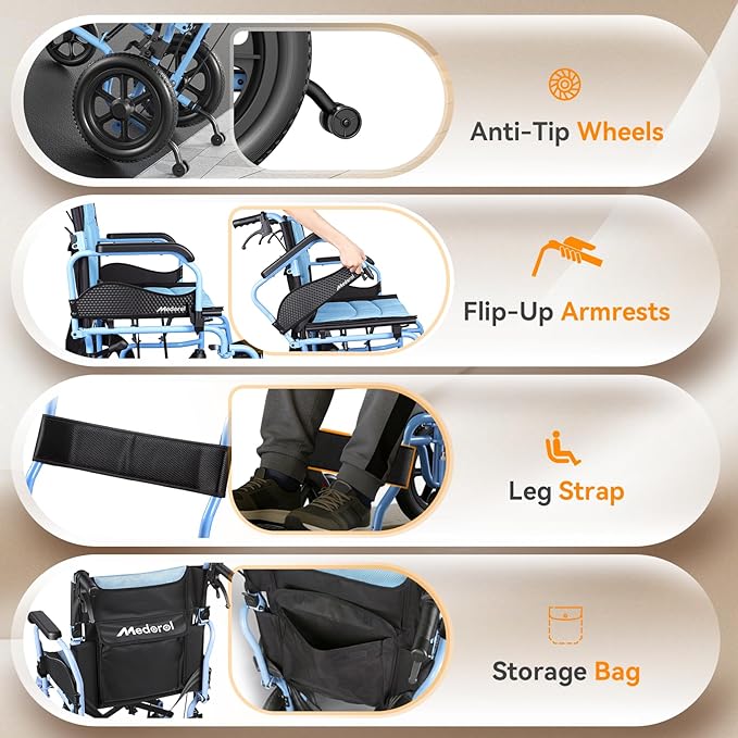 Lightweight Transport Wheelchair for Adults, Versatile Transport Wheel Chair, Supports 300 lbs, Self-Braking, Foldable & Portable, for Seniors, Elderly and Disabled