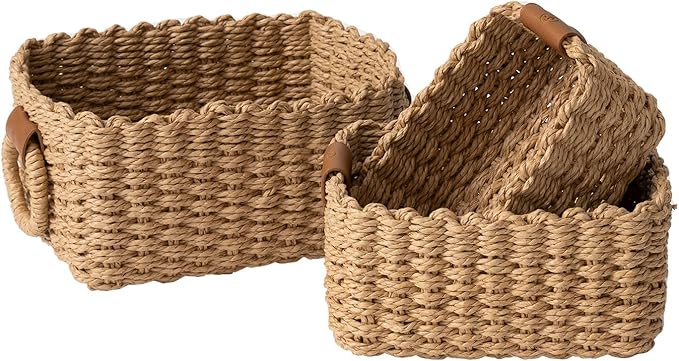 LA JOLIE MUSE Small Wicker Baskets, 3 Pack Paper Rope Storage, Desert | Decorative Small Baskets, Faux Leather Tag, Round Handle, Organizer for Shelves Bedroom Kitchen Office