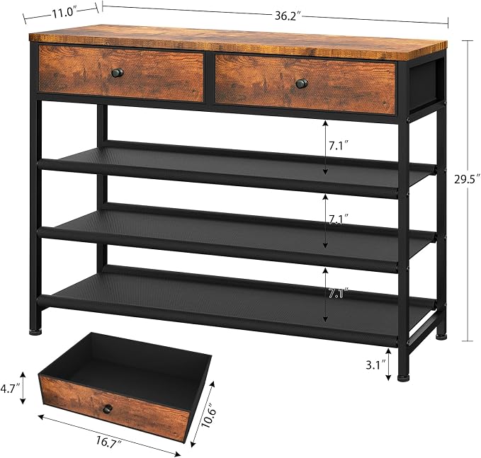 usikey Shoe Rack, 4 Tier Shoe Storage Organizer with 2 Drawers, Metal Shoe Shelf for 12-15 Pairs of Shoes, with 3 Oxford Fabric Shelves and Wooden Top, Shoe Stand for Entryway, Closet, Rustic Brown