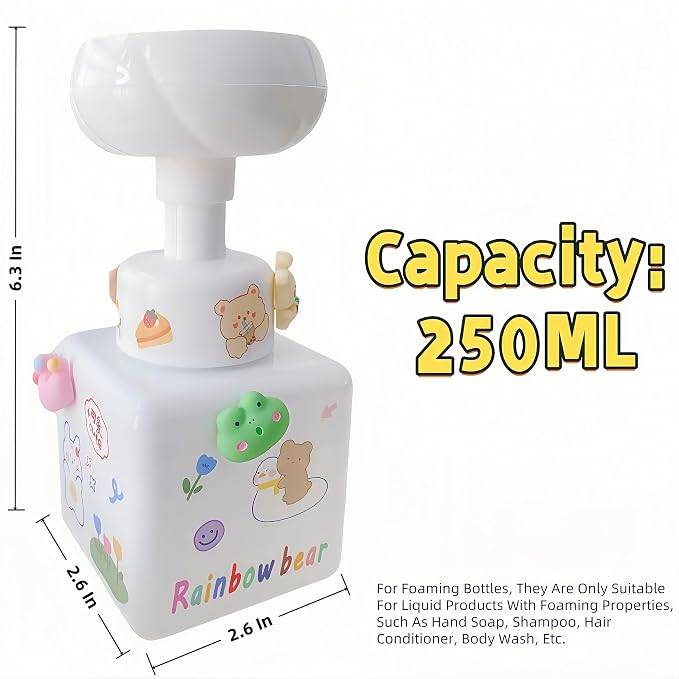 Flower Foam Dispenser Pump Bottle-250ml Reusable Plastic Soap Dispenser for Shampoo, Hand Soap&Bath, Includes Cute Stickers, Perfect for Kids Bathroom Or Kitchen (White)
