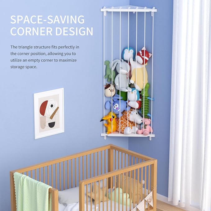 Corner Stuffed Animal Storage for Kids Room - Wall Mounted Stuffed Animal Organizer - Adjustable Plush Toy Holder Shelf for Nursery Playroom Bedroom (White)