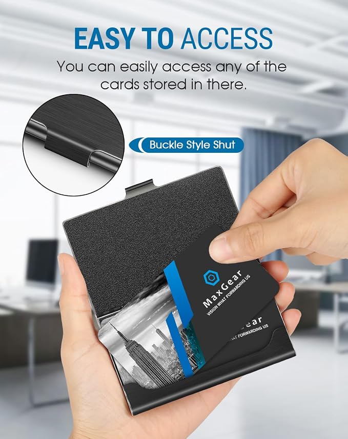 MaxGear Metal Business Card Holder for Men & Women, Professional Stainless Steel Card Case for Business Cards, Slim Purse Name Card Holders with Interior Lining, Buckle Style Shut, Black
