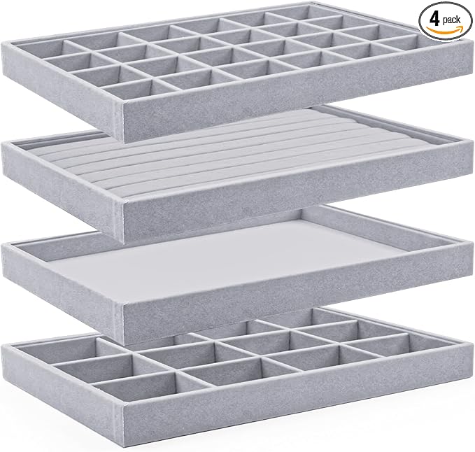 Lainrrew Jewelry Tray, 4 Pack Jewelry Organizer Velvet Jewelry Tray Stackable Jewelry Trays, Necklace & Earring Holder, Divided Bracelet & Ring Storage, 13.8"x9.5"x1.2" - Elegant Display Case (Gray)