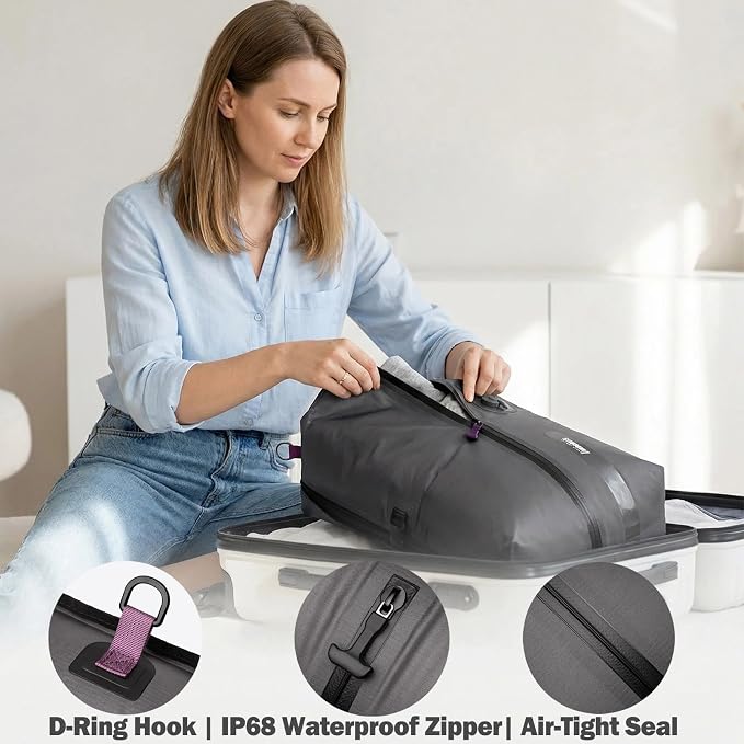 Travel Vacuum Compression Bags, 25L Vacuum Bags for Travel Luggage with Built-in Pump for Carry-on Suitcases & Backpacks, Ip68 Waterproof Zipper, Durable Vacuum Seal Bags For Clothing Packing