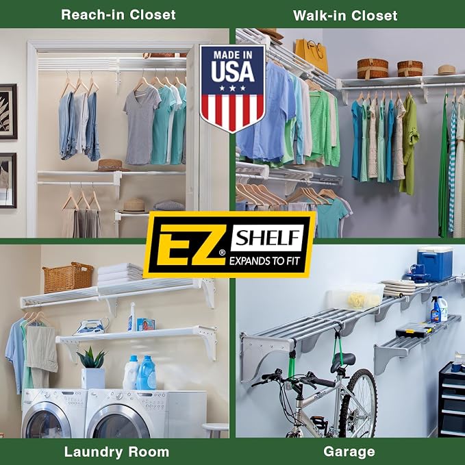 EZ SHELF - Closet Shelf with Hanging Rod – 42.5 to 75" Expandable, Silver, Closet Shelves – Strong, Holds 200 lbs – Easy Install – Backwall (floating) with 2 End Brackets, Alternative to Wire Shelving