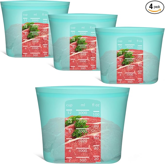 Reusable Food Storage Bags Extra Large, 0.8 Gallon/101 fl.oz/3000 ml, 4 Pack 100% Silicone Food Storage Bags Stand-Up Wide-Mouth Zip-Lock for Large Items, Freezer Microwave Oven Dishwasher Safe, Aqua