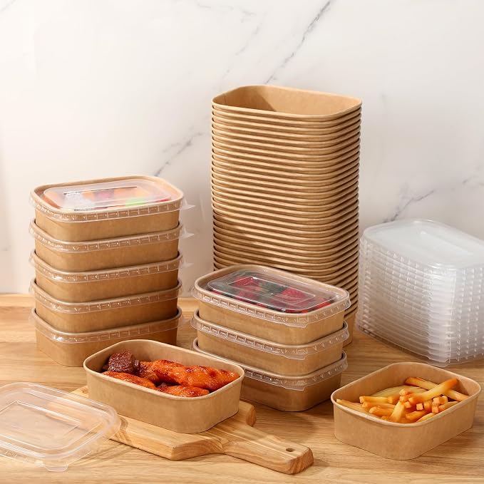 Maxdot 50 Pack 17 oz Disposable Food Containers with Lids Paper Food Containers Bowls for Meal Prep, Salad, Ice Cream, Yogurt, Soup Bowls Party Leftover Box
